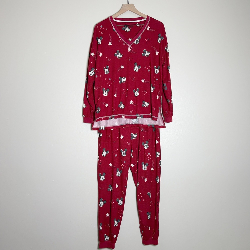 Disney Womens Pajama Set Size M Red Mickey Mouse Stars V-Neck Joggers Loungewear